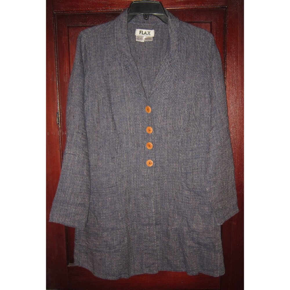 FLAX Sz P S Petite Linen Duster Jacket Coat Blue Pockets Topper Lithuania
